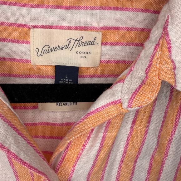 Universal Thread Striped Button Down Women L Orange Pink Excellent Linen Blend - Picture 2 of 6